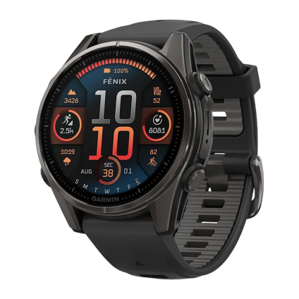 Спортивные часы Garmin fenix 8, 43 мм, AMOLED, титан с DLC, сапфир, силиконовый ремешок цвета чёрный/«серая галька»