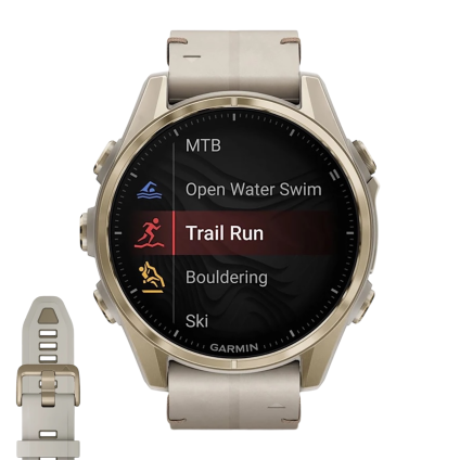 Спортивные часы Garmin fenix 8, 43 мм, AMOLED, кожаный ремешок цвета «известняк», силиконовый ремешок цвета «серый туман»/«тёмный песчаник»