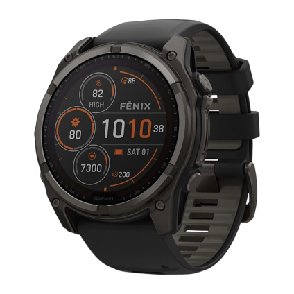 Спортивные часы Garmin fenix 8, 51 мм, Solar, титан с DLC, сапфир, силиконовый ремешок цвета чёрный/«серая галька»