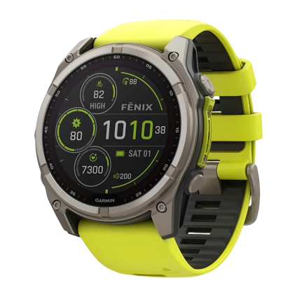 Спортивные часы Garmin fenix 8, 51 мм, Solar, титан, сапфир, силиконовый ремешок цвета «электрический жёлтый»/графитовый